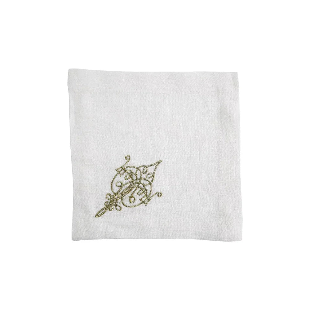 Ornament Pure Linen Coaster, set of 4, featuring white linen with intricate gold embroidery, ideal for elevating table settings at special events.