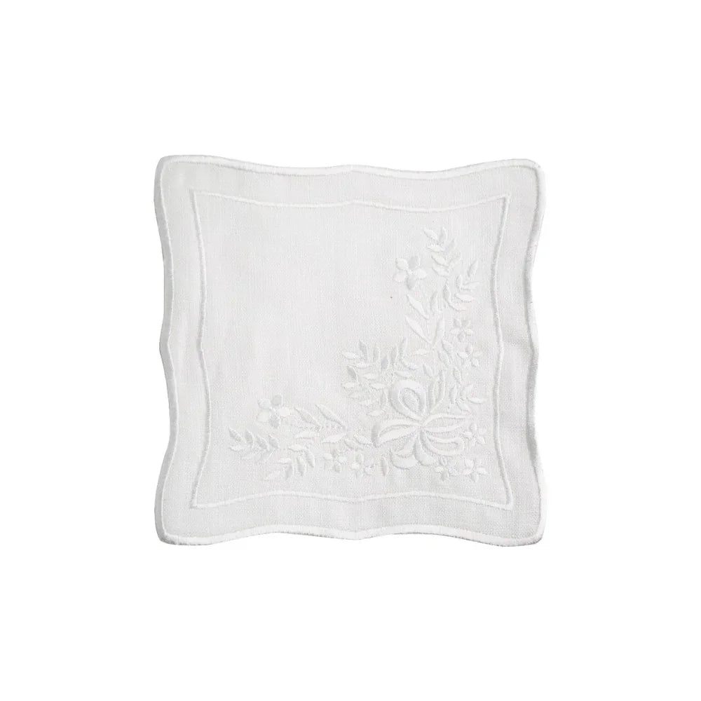 White Vintage Pure Linen Coaster with floral design, 4 per pack, ideal for elegant table setups and special occasions.