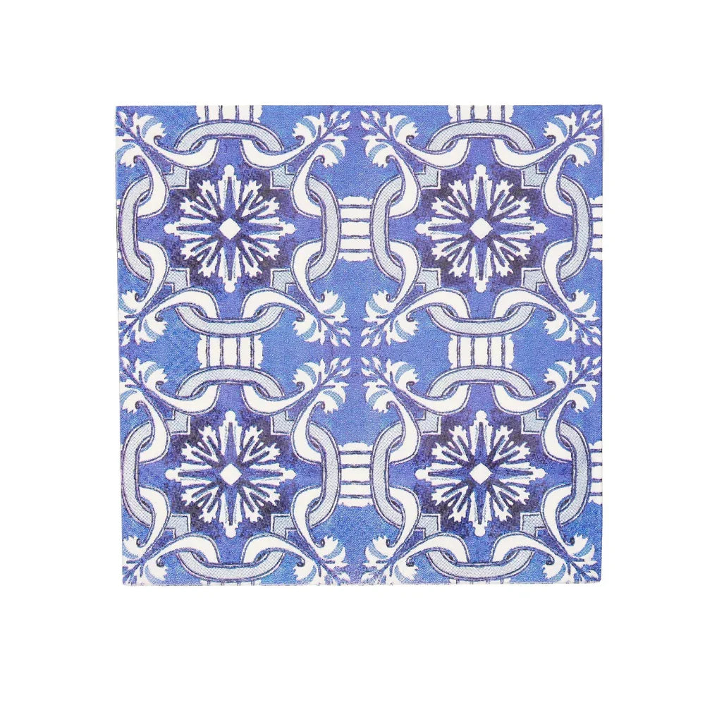 Moroccan Nights Paper Cocktail Napkins - 20 Per Package, featuring an intricate blue and white tile pattern, perfect for adding elegance to any party setup.