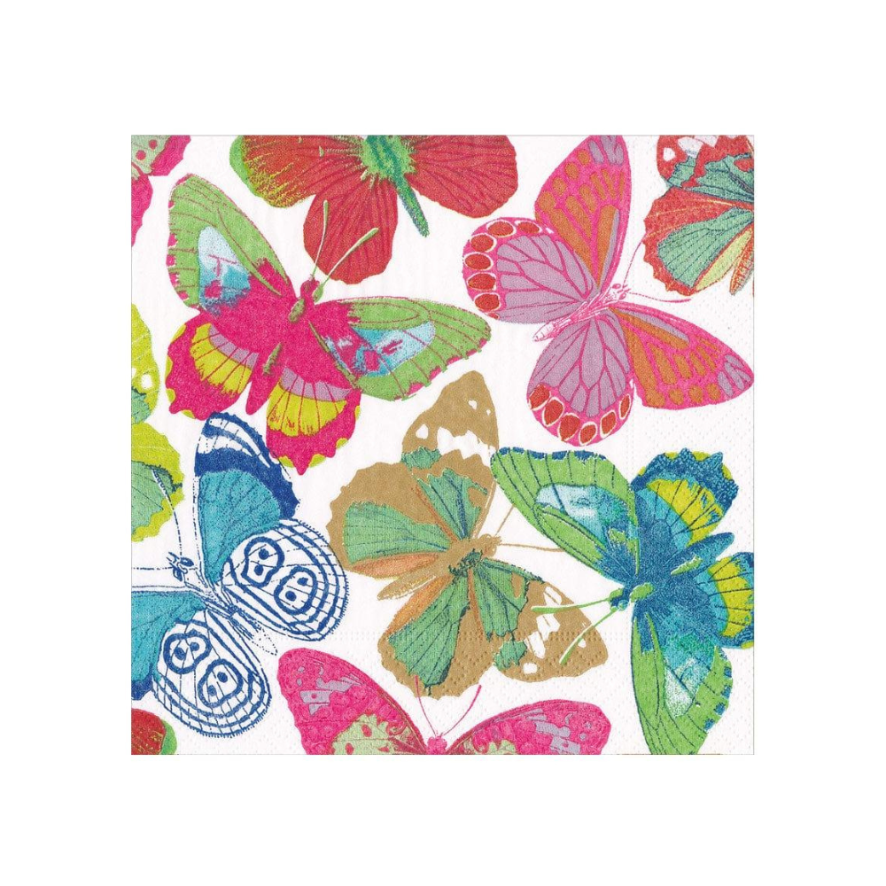 Butterflies Paper Luncheon Napkins - 20 Per Package, featuring a close-up of butterfly artwork, printed in Germany on eco-friendly, triple-ply tissue.