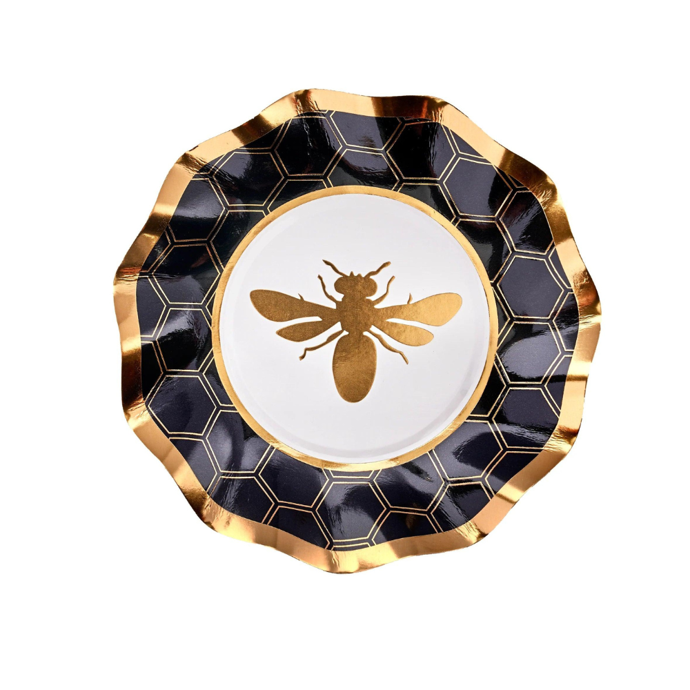 HoneyBee Paper Appetizer & Dessert Bowl - 8 per package, featuring ruffled edges and metallic gold rim, perfect for elegant events.