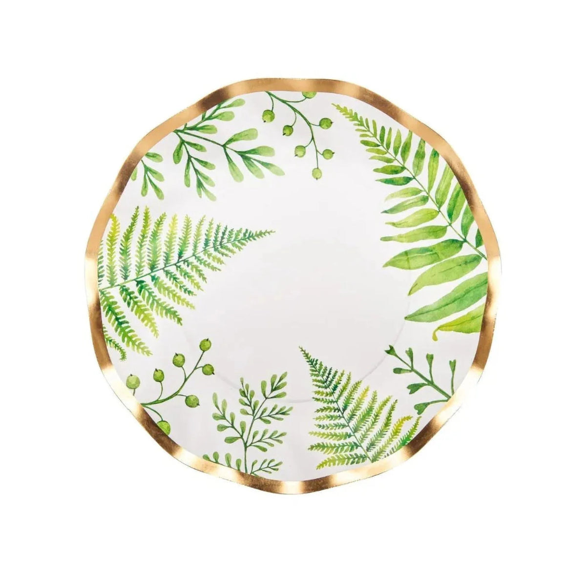 Fern & Foliage Paper Salad & Dessert Plate-8 Per Package: Elegant paper plates with green fern designs and gold foil trim, perfect for enhancing any event.