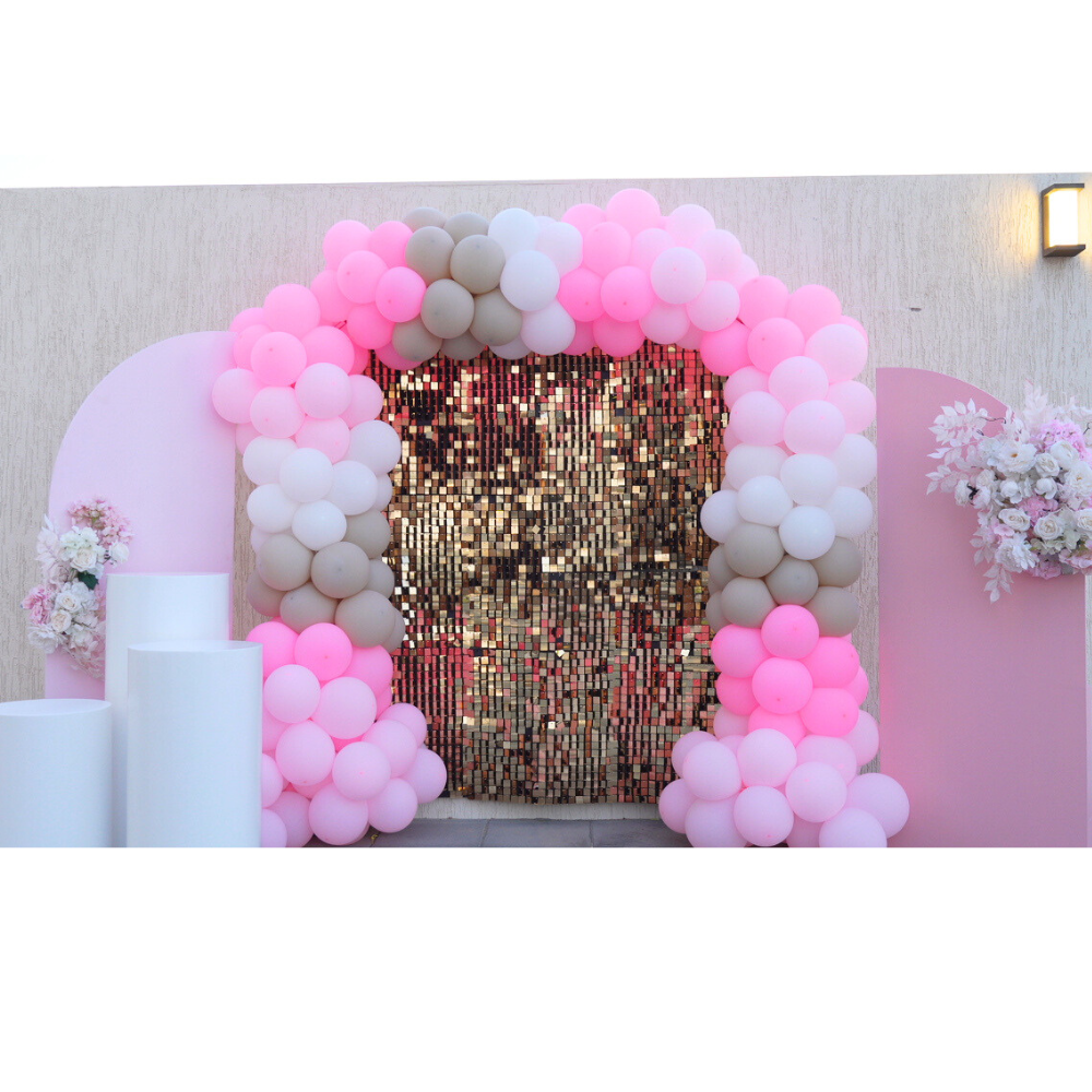 Pink Chic Balloon Backdrop featuring a pink and white balloon arch, ideal for parties and events, enhancing any celebration with customizable elegance.