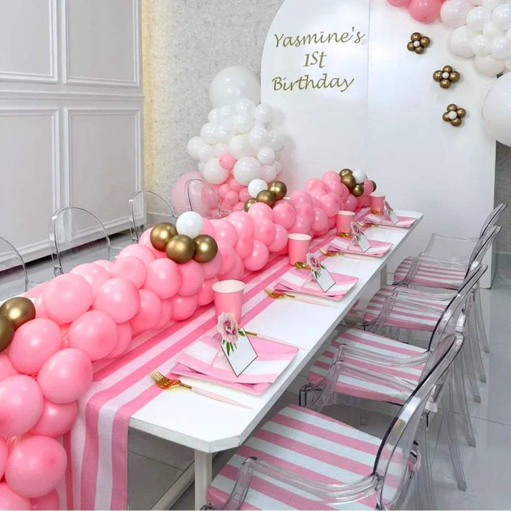 Yellow Balloon Runner on a decorated table with pink and white balloons, ideal for kids&