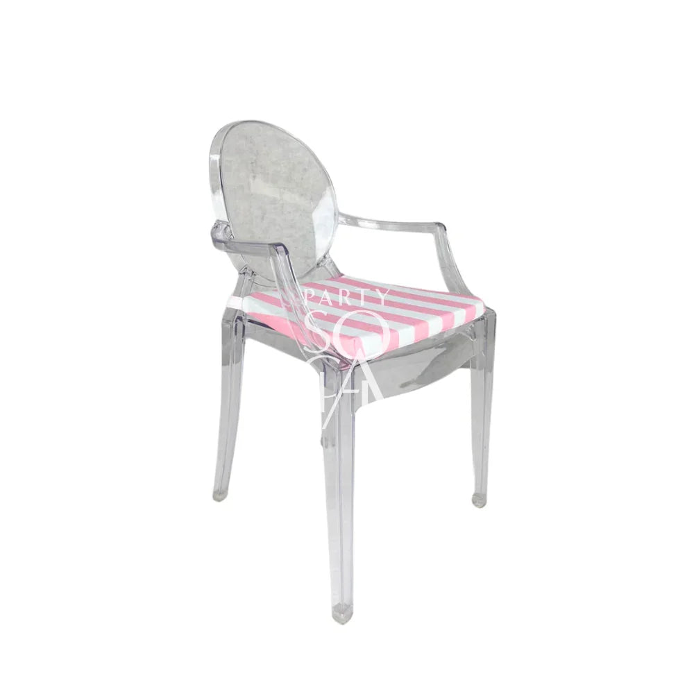 Mini Ghost Chair with Pink Stripes Cushion, a clear plastic chair ideal for children&