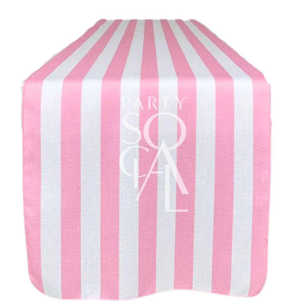 Pink Stripes Table Runner with pink and white stripes, perfect for adding elegance to event tabletops, suitable for weddings and special occasions.