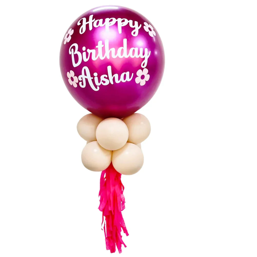 Personalized Birthday Balloon Wand featuring a large 24-inch pink balloon with white text, surrounded by smaller coordinating balloons. Ideal for parties and photo props.