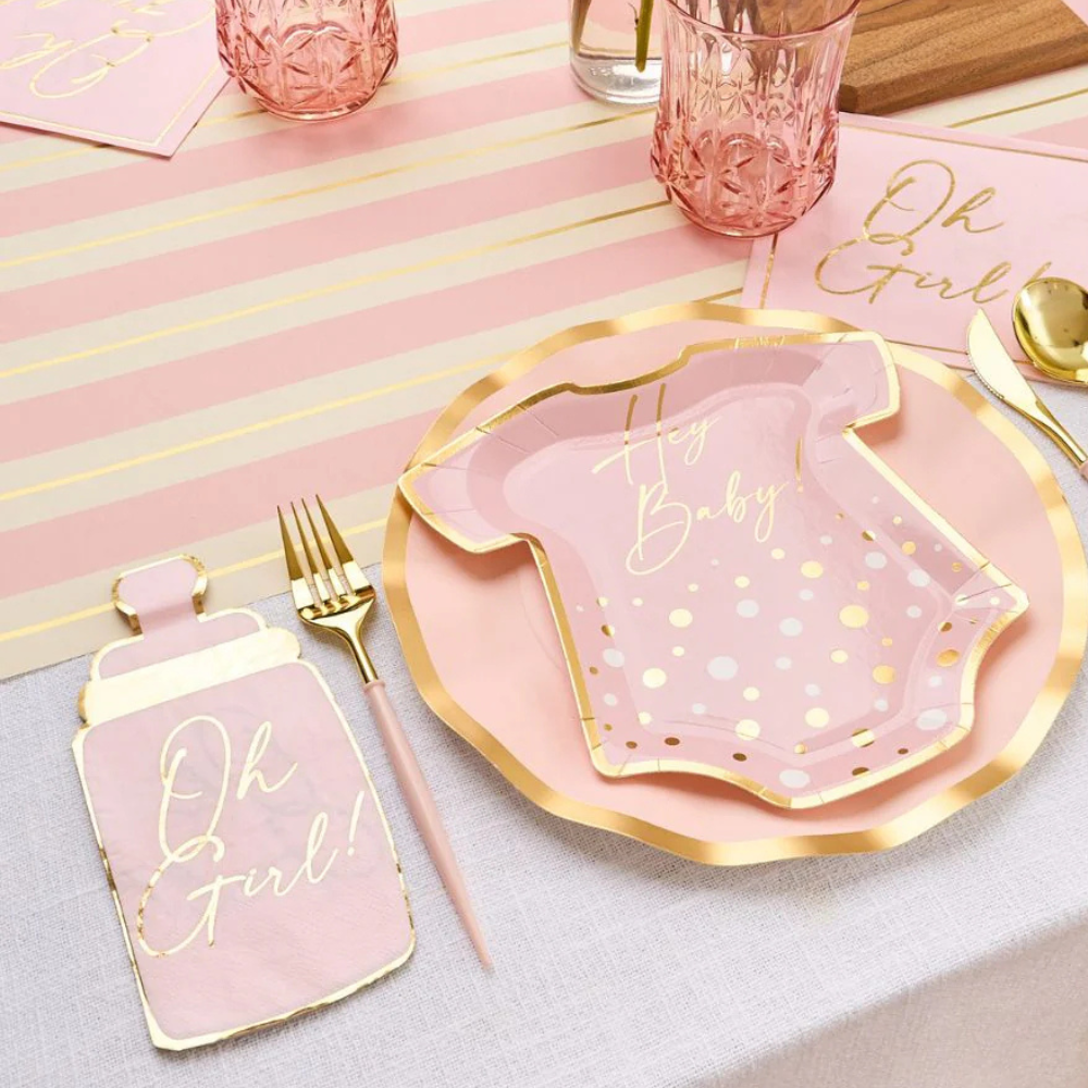 Everyday Blush Guest Towel Napkins elegantly displayed on a pink and gold baby shower table setting, complementing matching tableware.