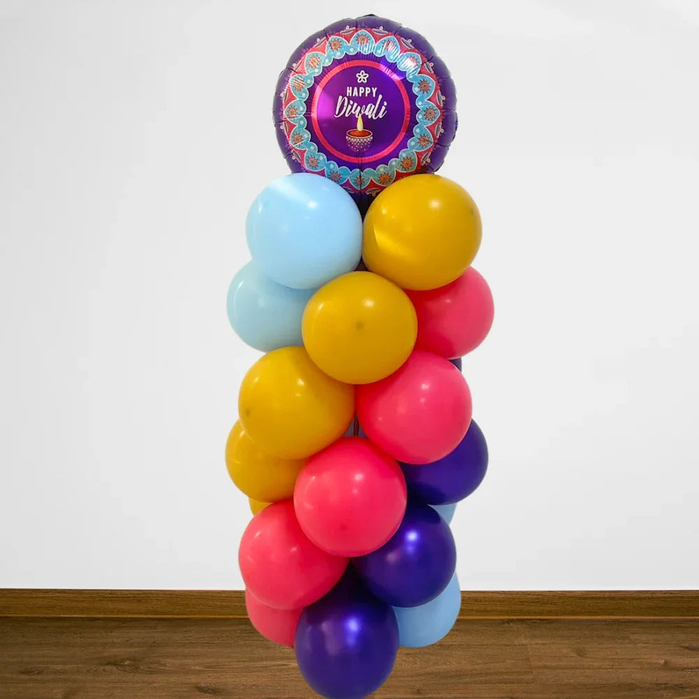 Diwali Balloon Pillar featuring a cluster of vibrant balloons, perfect for festive gatherings and enhancing your party decor.