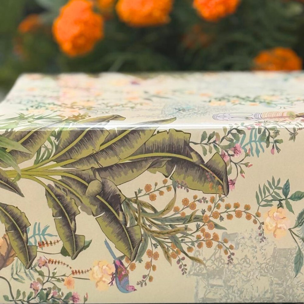 Diwali Thali Gift Box featuring a floral design and premium magnetic closure, includes two sets of thali, ideal for gifting at special occasions.
