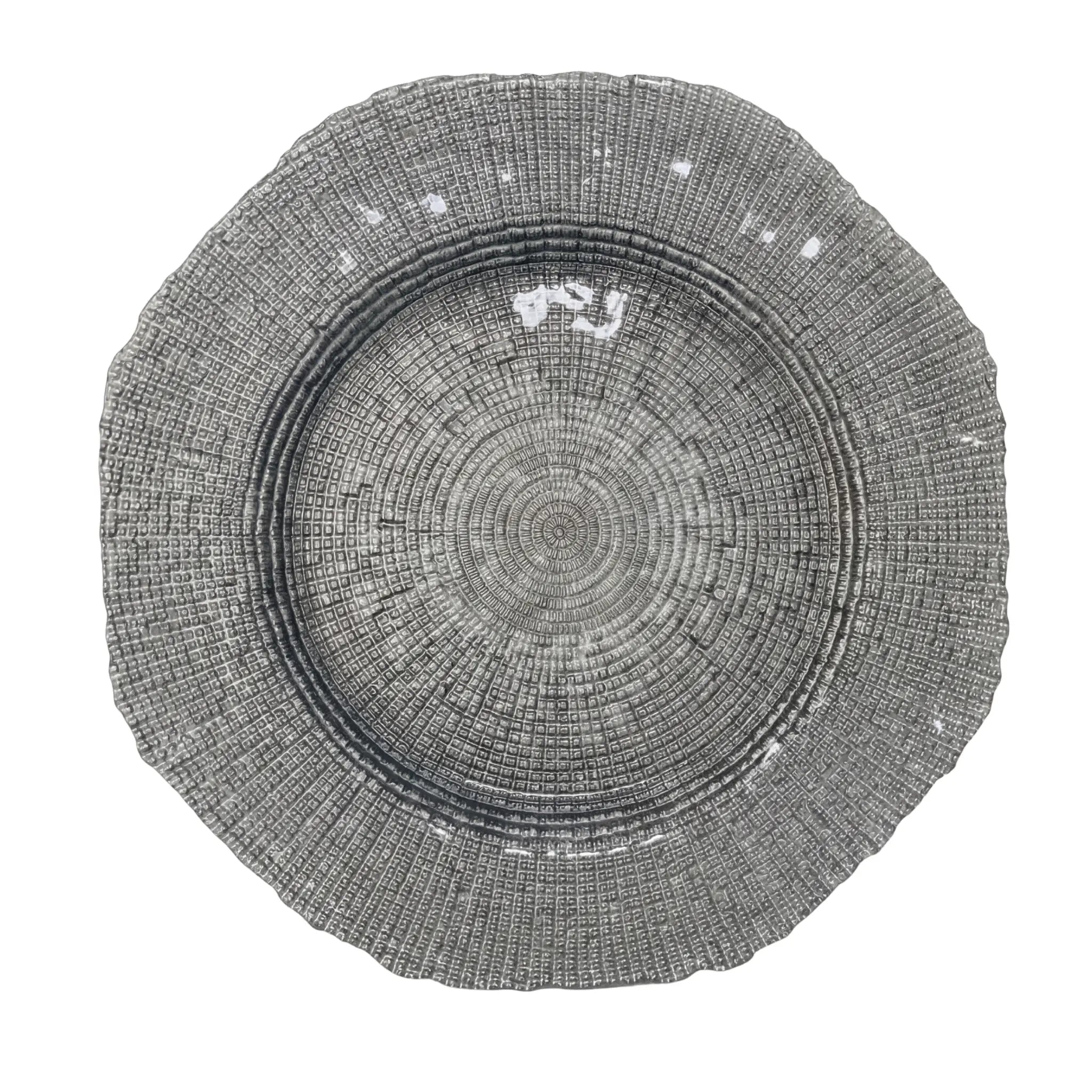 CHARGER PLATE - SILVER GRAIN: Elegant 33cm silver-grey metallic platter with a concentric ring pattern, perfect for enhancing sophisticated table settings at events and special occasions.