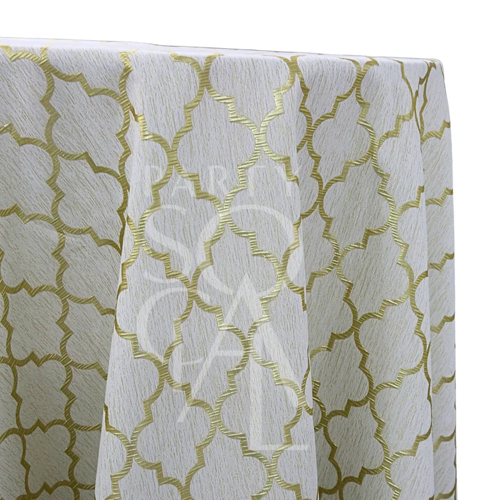 MOROCCAN TRLL CREAM AND GOLD TABLE CLOTH featuring a white base with a gold Moroccan-trellis pattern, ideal for elegant event settings.