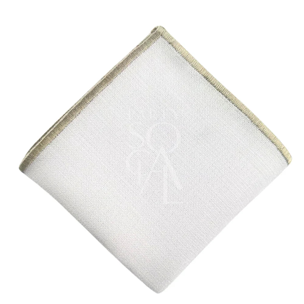 NAPKIN WHITE W/ LINE: White linen blend napkin featuring a customizable stitched logo, ideal for enhancing table settings at events like weddings or corporate gatherings.
