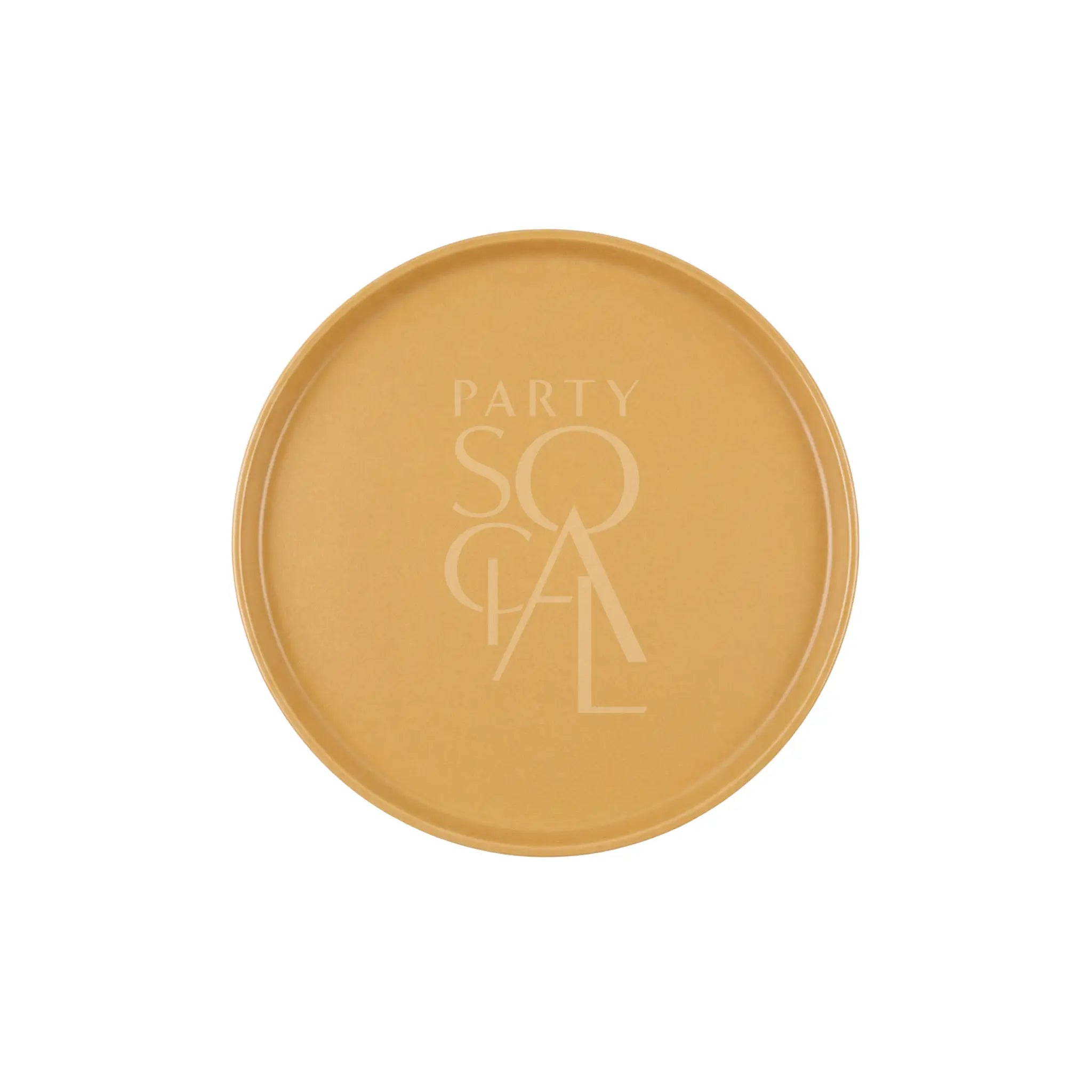 Mustard Ceramic Matte Plate featuring PARTY SOCIAL text, ideal for serving snacks or drinks at events, embodies modern simplicity and natural aesthetics.