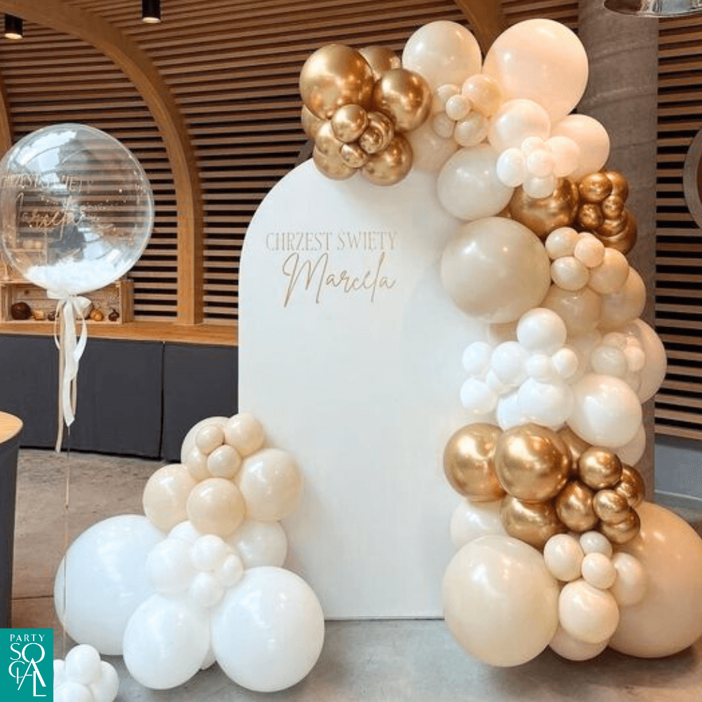 Wood Curved Balloon Backdrop featuring a white and gold balloon arch, ideal for enhancing events like birthdays, baby showers, or graduations with customizable colors.