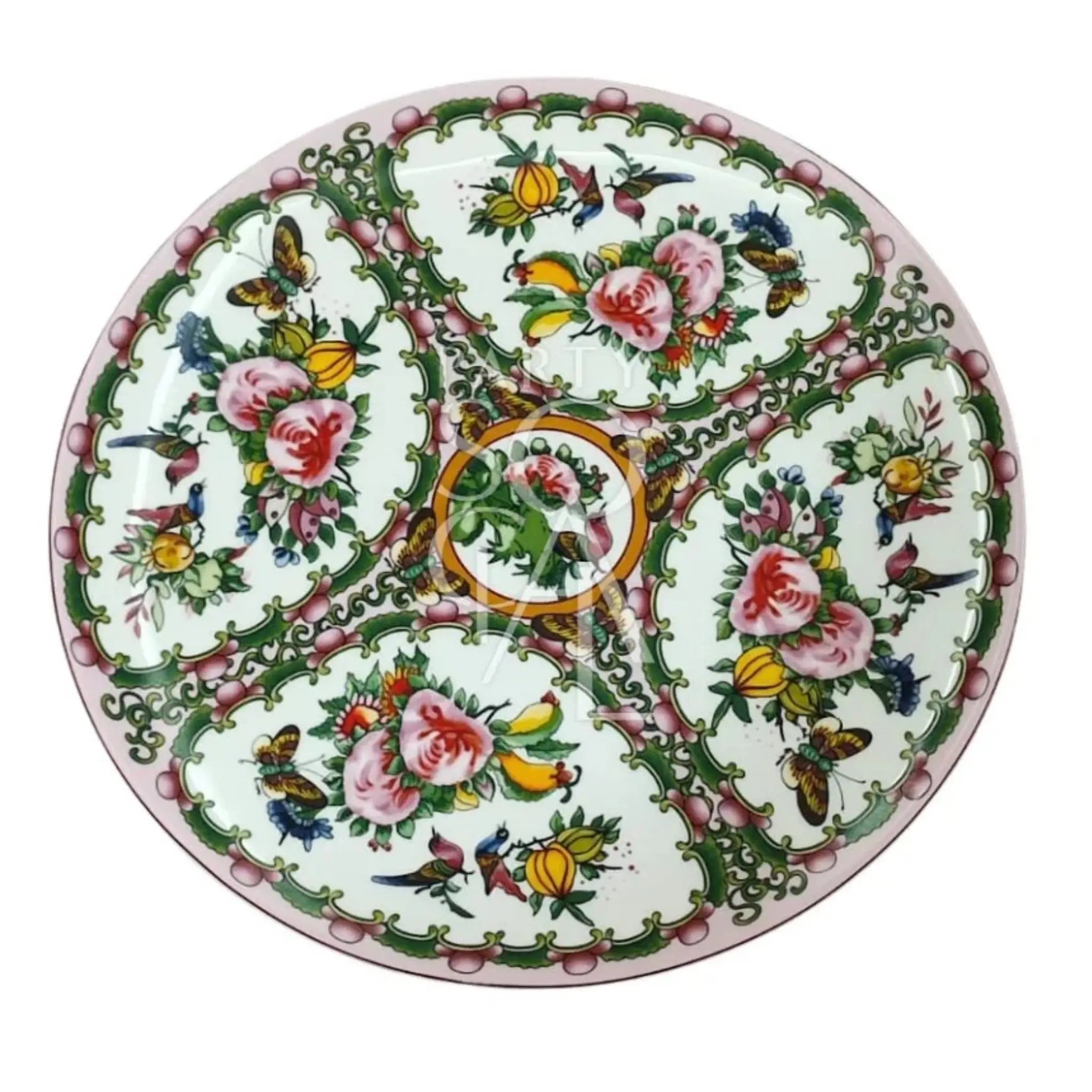 Floral Patterned Plates featuring hand-painted roses, birds, and butterflies on a ceramic platter, perfect for enhancing elegant table settings at parties and events.