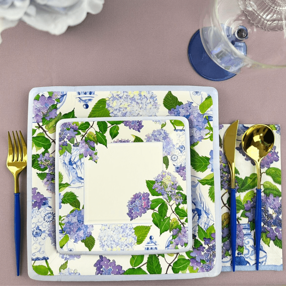 Hydrangeas and Porcelain Square Paper Salad & Dessert Plates - 8 Per Package, featuring a floral design resembling fine porcelain, ideal for elegant yet effortless table settings.
