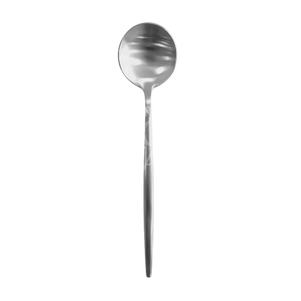 Modern Silver Cutlery spoon with a sleek design, perfect for elevating events with minimalist elegance and durable stainless-steel craftsmanship. Ideal for weddings and special occasions.