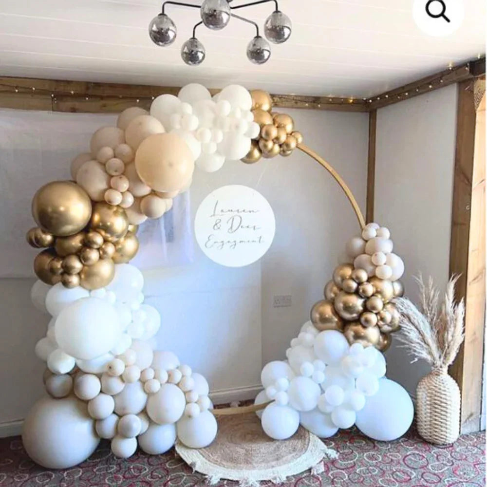 Round Balloon Arch ideal for events like birthdays and baby showers, features customizable balloon colors. Note: Accessories shown are not included.