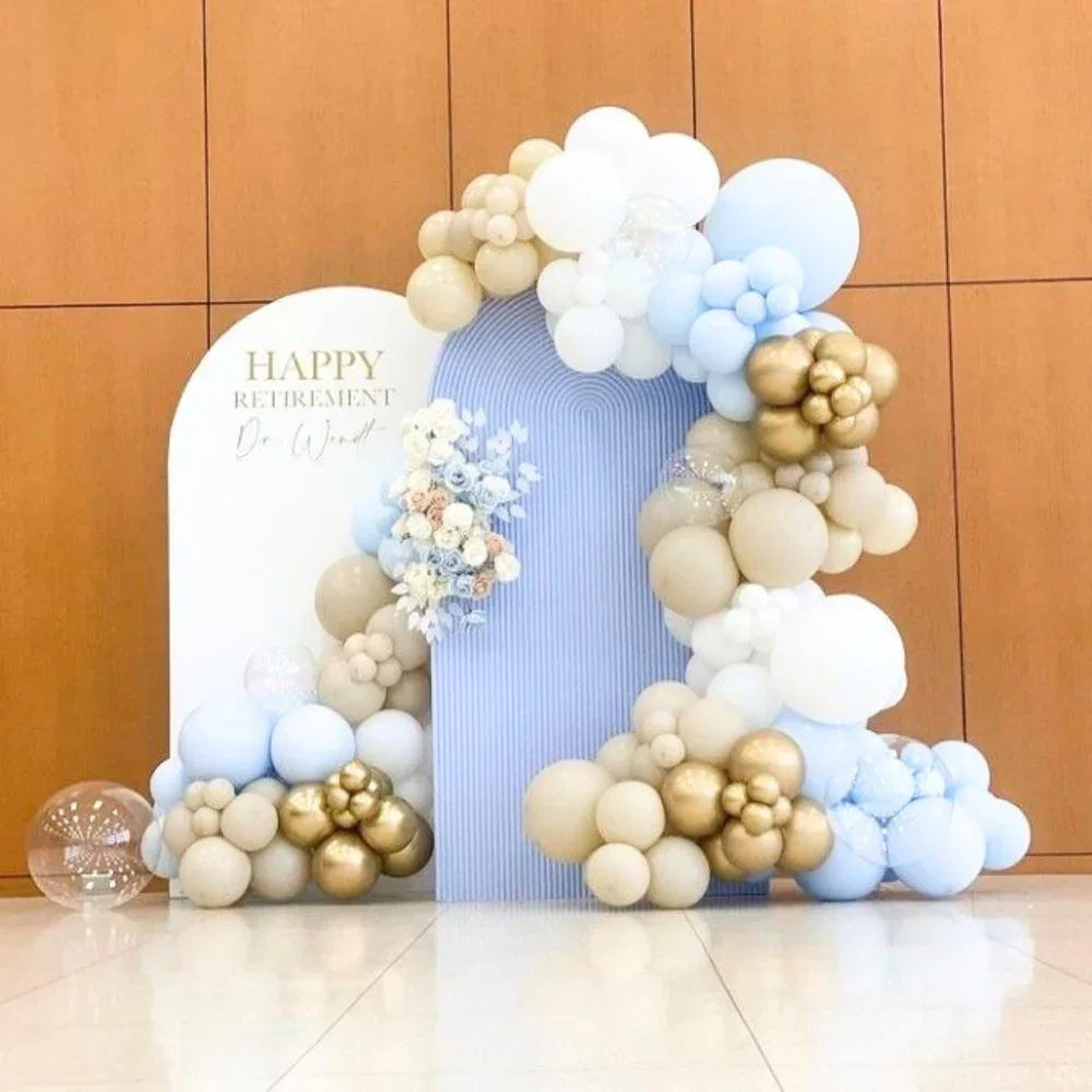 Plain & Moulded Wood Curved Balloon Backdrop featuring a balloon arch with integrated flowers, ideal for enhancing any party or event setting.