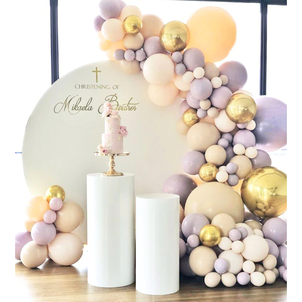 Round Wood w/ Podiums Balloon Backdrop featuring a decorative balloon arch and cake display, ideal for celebrations like birthdays and baby showers.