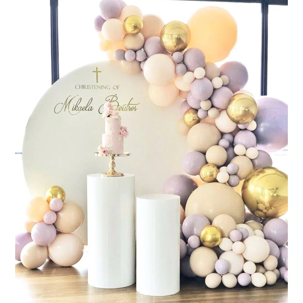 Round Wood w/ Podiums Balloon Backdrop featuring a decorative balloon arch and cake display, ideal for celebrations like birthdays and baby showers.