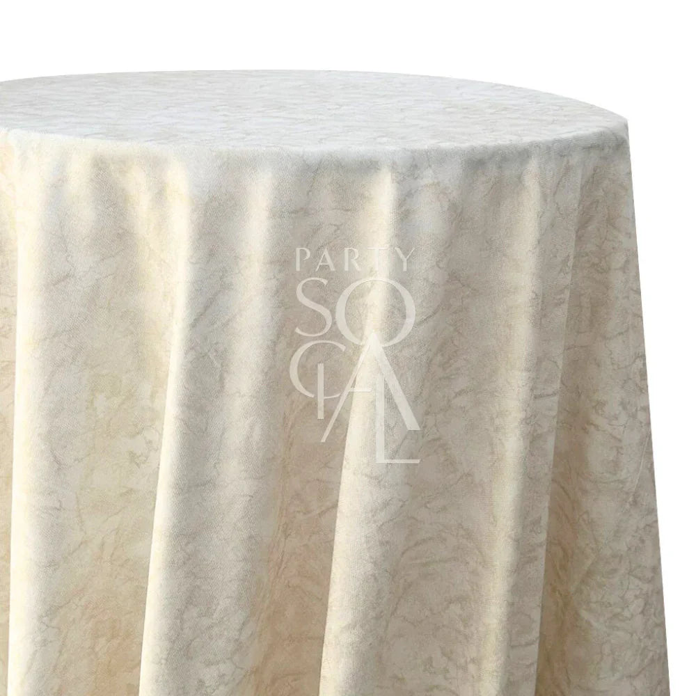 GOLD FOIL ROUND TABLECLOTH featuring a polylinen material with a subtle gold foil pattern, ideal for enhancing elegant dining occasions.