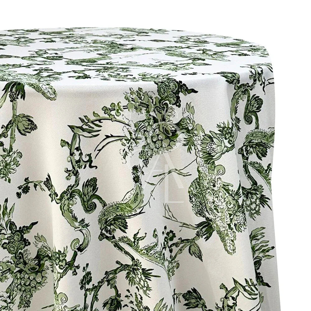 GREEN VINE RECTANGULAR TABLECLOTH with floral pattern, enhancing table settings for events. Ideal for pairing with plain or matching napkins and placemats.