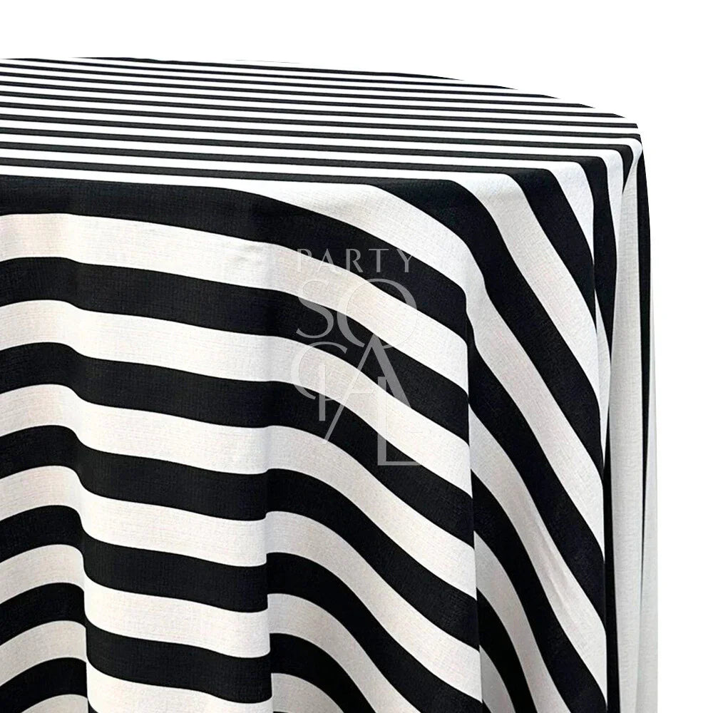 SMALL STRIPES ROUND TABLECLOTH featuring black and white stripes, perfect for enhancing your dining setup with a premium look. Ideal for party and event settings.