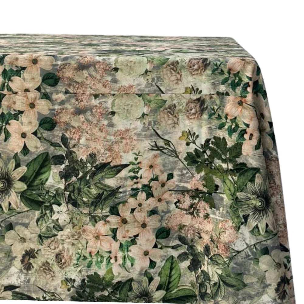 Designer green floral rectangular tablecloth in polylinen, enhancing dining setups with its premium look. Perfect for weddings and special occasions at Party Social.