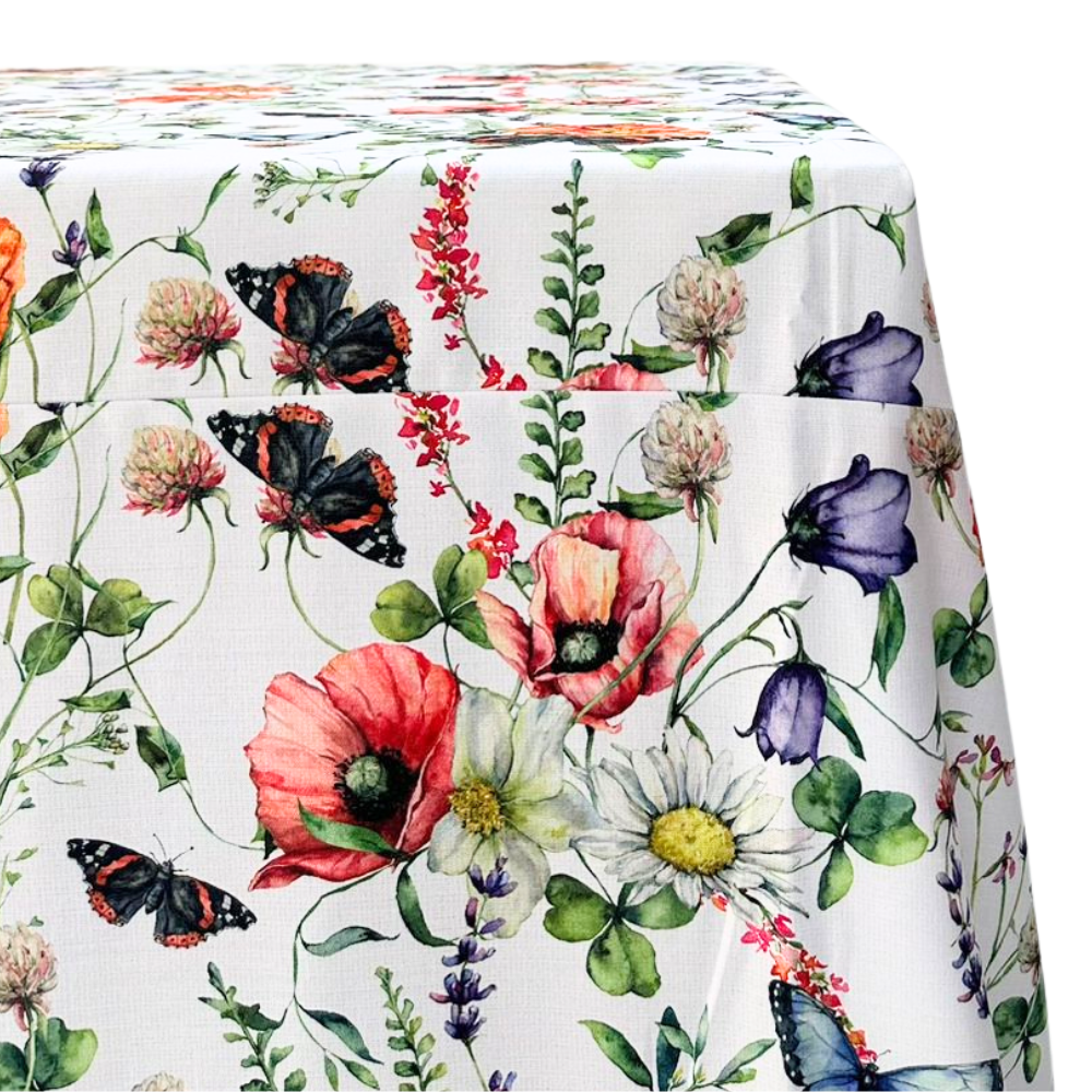 BUTTERFLY MEADOWS RECTANGULAR TABLECLOTH featuring a floral pattern with a black and red butterfly, perfect for elevating special occasion dining setups.