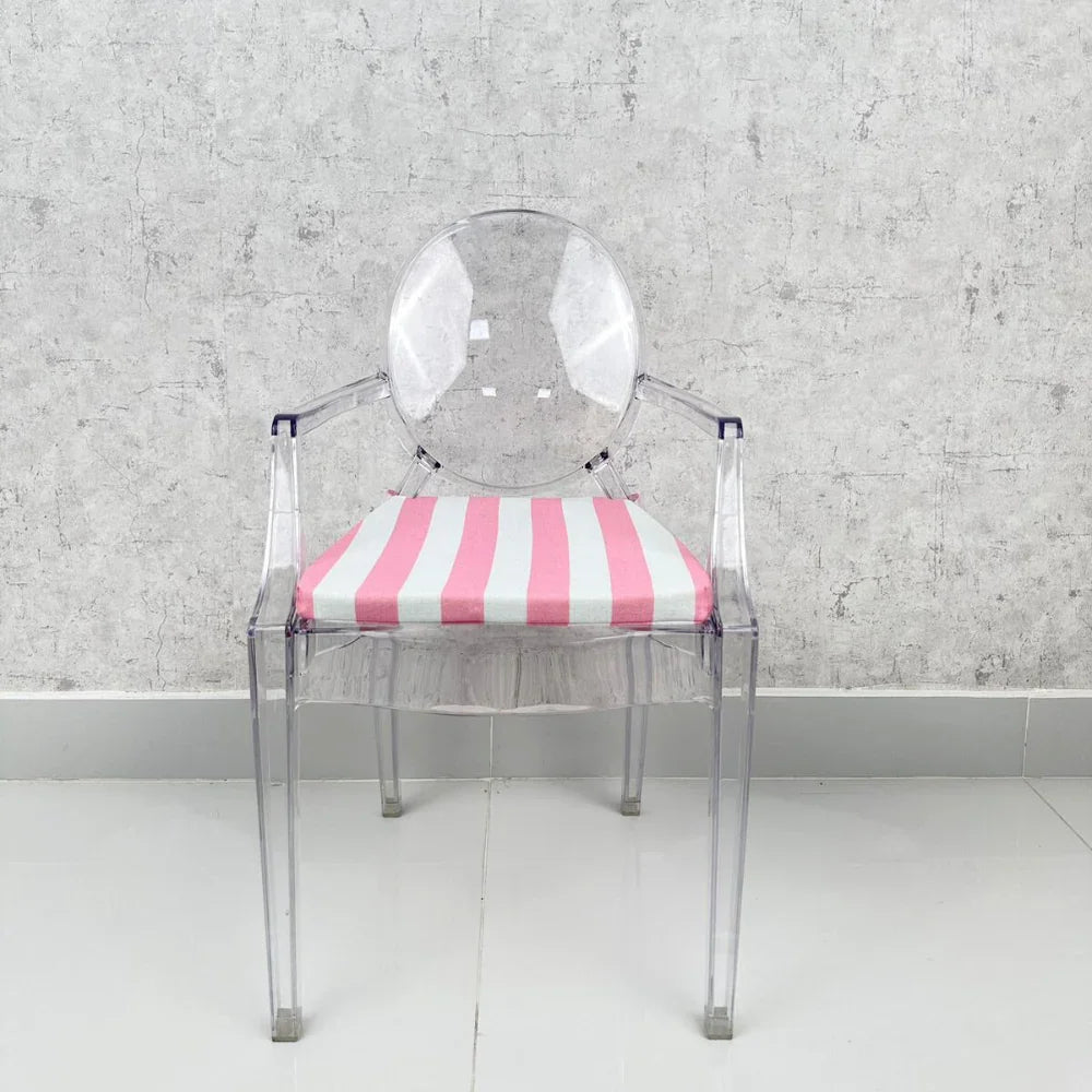 Mini Ghost Chair with Pink Stripes Cushion, a clear plastic design, perfect for children&