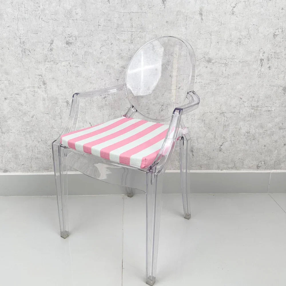 Mini Ghost Chair with Pink Stripes Cushion, a transparent, armless design, ideal for children&