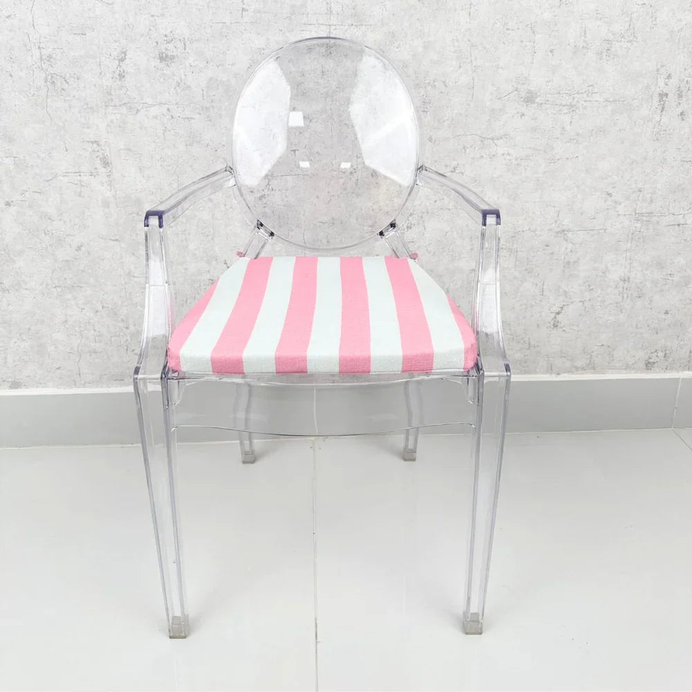 Mini Ghost Chair with Pink Stripes Cushion, a clear armless chair ideal for children&