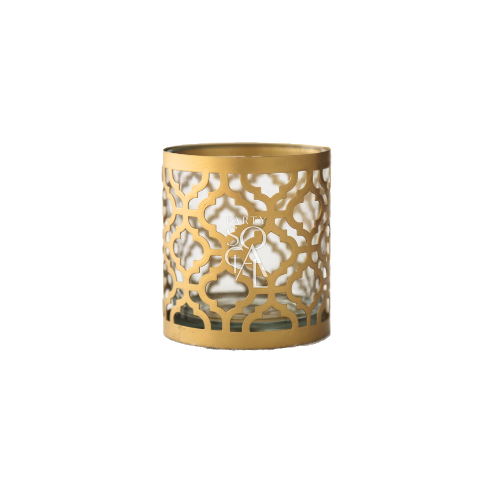 Gold Arabesque Candle Holder with intricate design, perfect for premium events. Ideal for complementing Party Social&