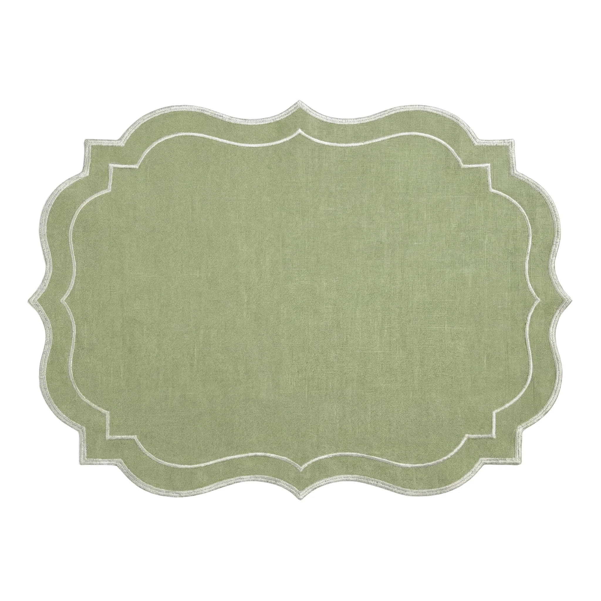 Scalloped Linen Placemats in a set of 4, featuring a vintage-inspired, textured green design with ornamental edges, ideal for elegant table setups.