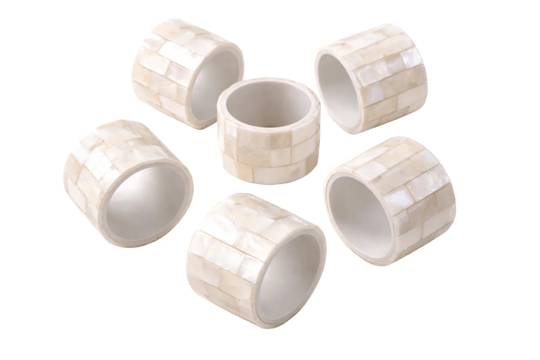 Shell Like Napkin Ring set of six with iridescent, mother-of-pearl mosaic inlay, perfect for enhancing dining experiences at parties and special events.