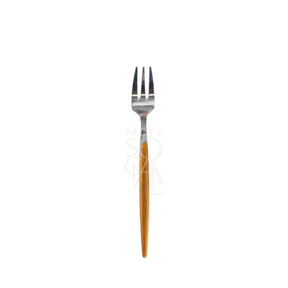 CUTLERY WOODEN SILVER: Close-up of a stylish wooden-handled fork, part of a unique cutlery set designed for making a bold statement at events.