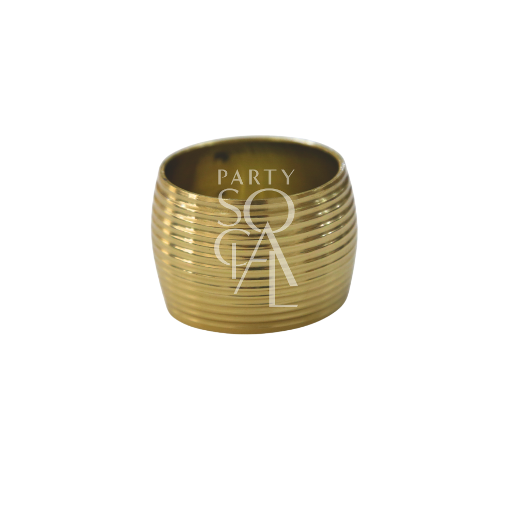 Gold-tone decorative napkin ring with horizontal ridges, titled Napkin Ring - Gold Hammered Lined, perfect for enhancing event table settings from Party Social.