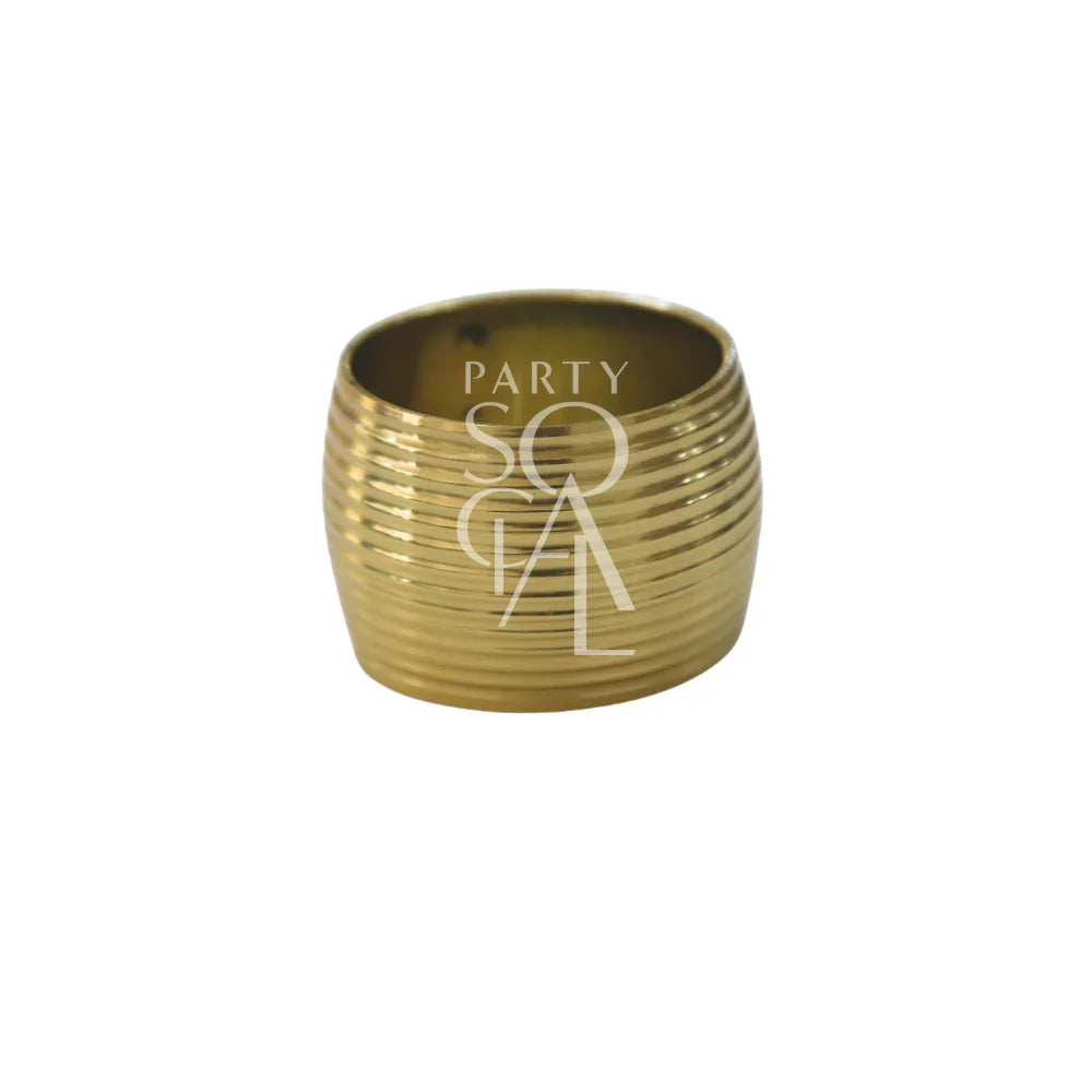 Gold-tone decorative napkin ring with horizontal ridges, titled Napkin Ring - Gold Hammered Lined, perfect for enhancing event table settings from Party Social.