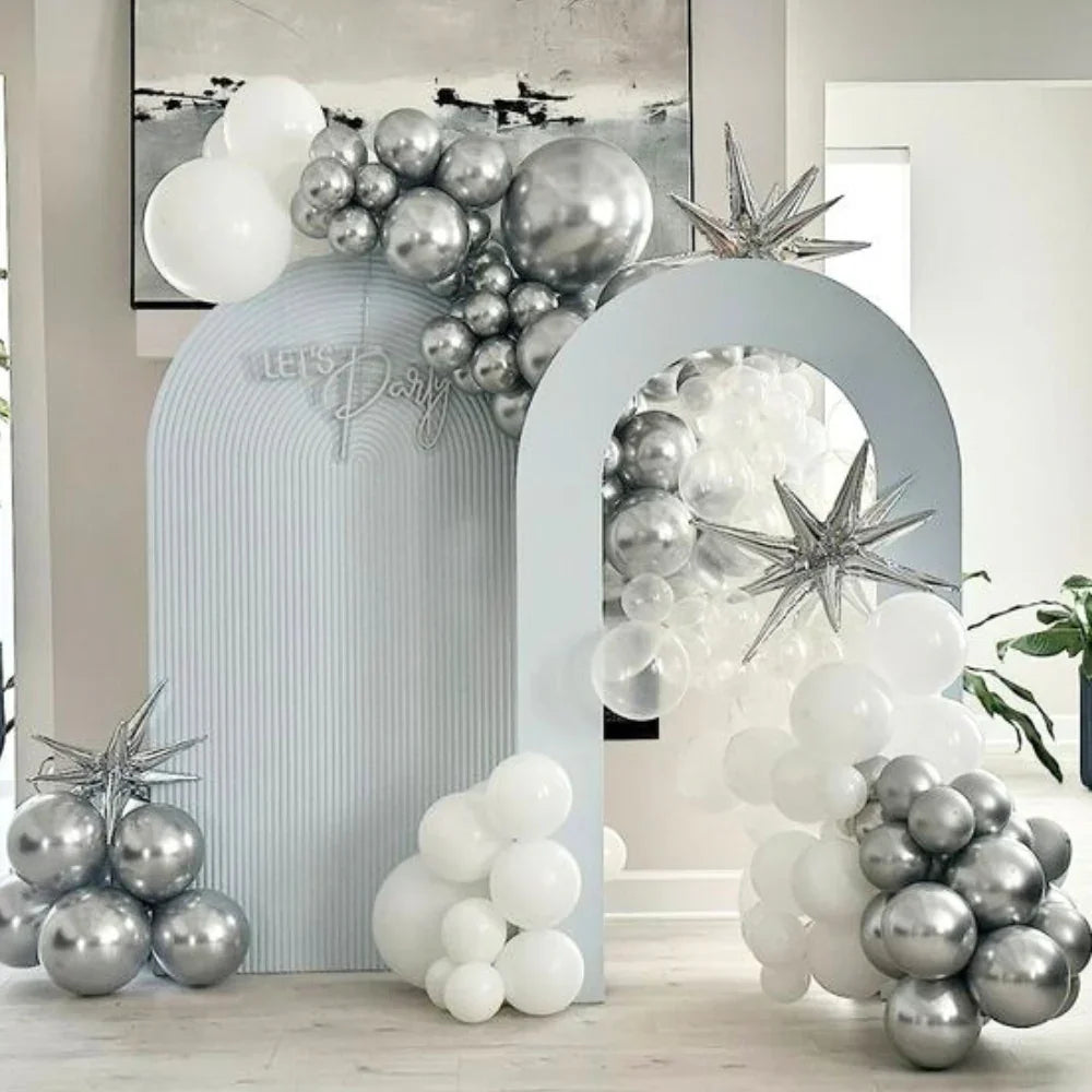 Moulded Balloon Backdrop featuring a white and silver balloon arch, ideal for enhancing events like parties and celebrations with personalized options available.