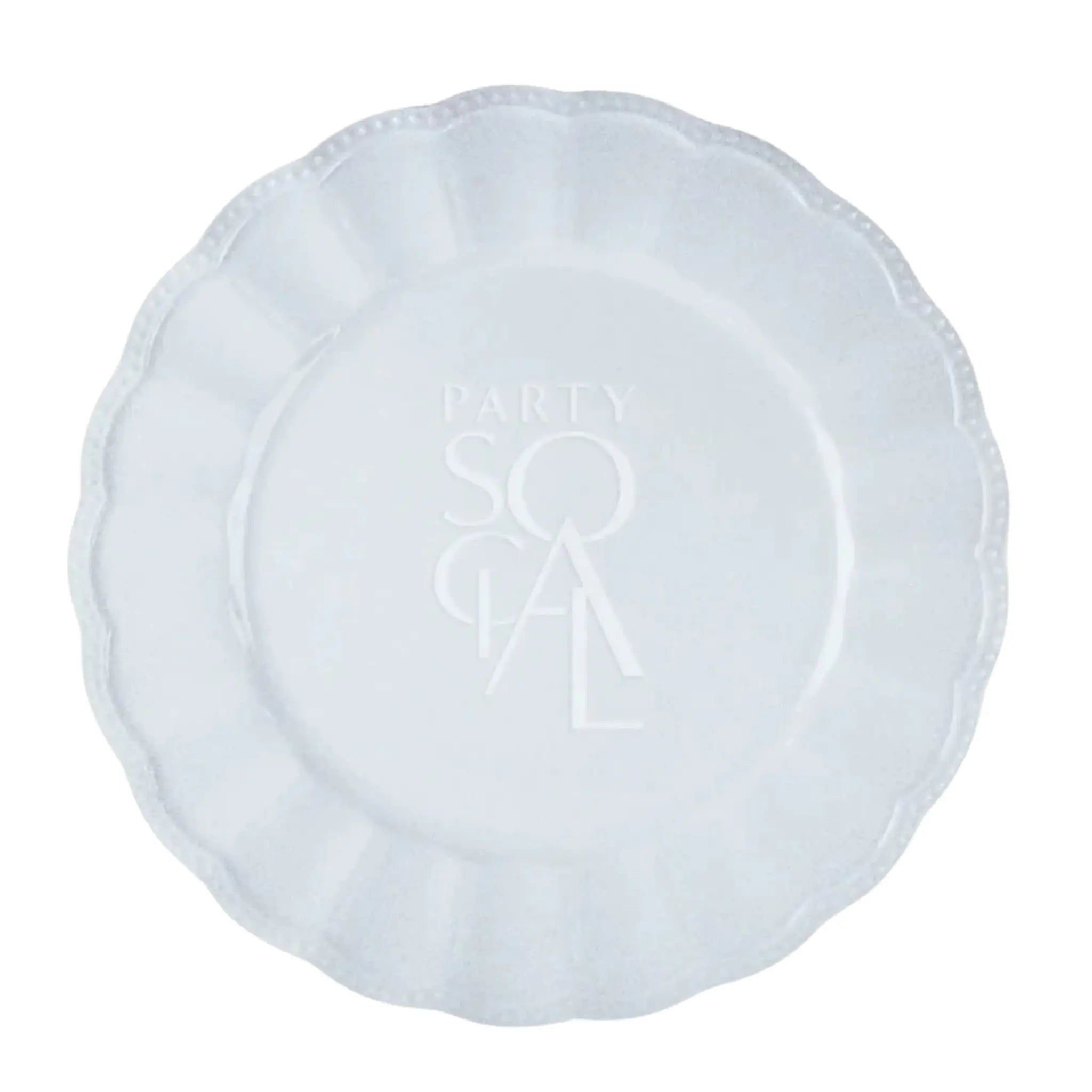 White scallop-edged disposable party plate, embossed with “PARTY SOCAL,” offering elegance and sophistication for any event, available in various sizes from Party Social.