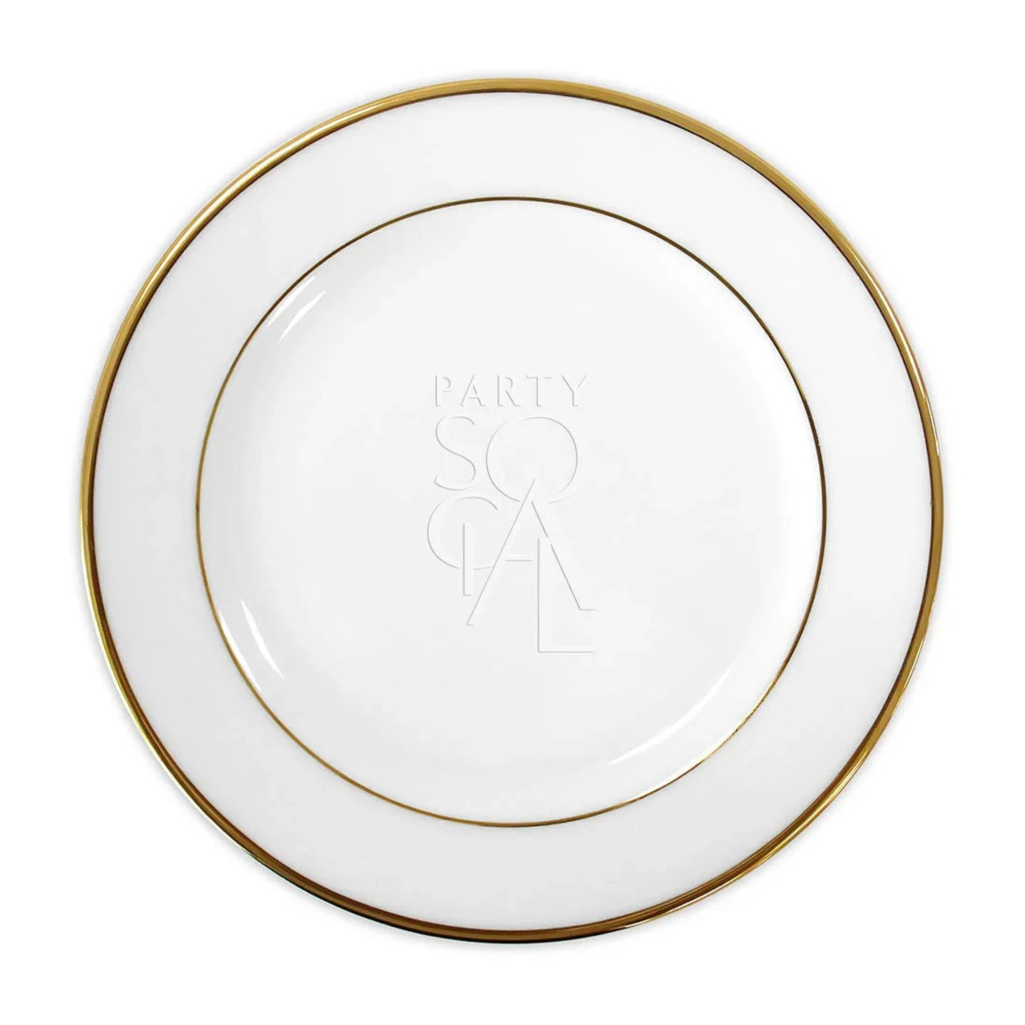 MODERN CHINA W/ GOLD RIM PLATE: Glossy white porcelain charger plate with thin gold-metallic rim and PARTY SOCIAL embossing, ideal for premium events, 30cm diameter.