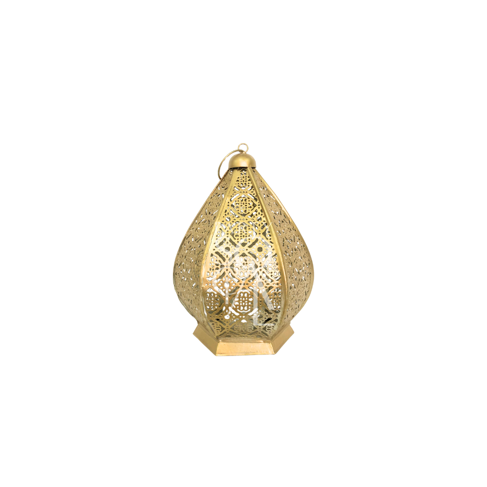 Gold Oriental Lanterns with intricate filigree patterns in a teardrop shape, ideal for adding warmth and elegance to Moroccan-themed events or gatherings.