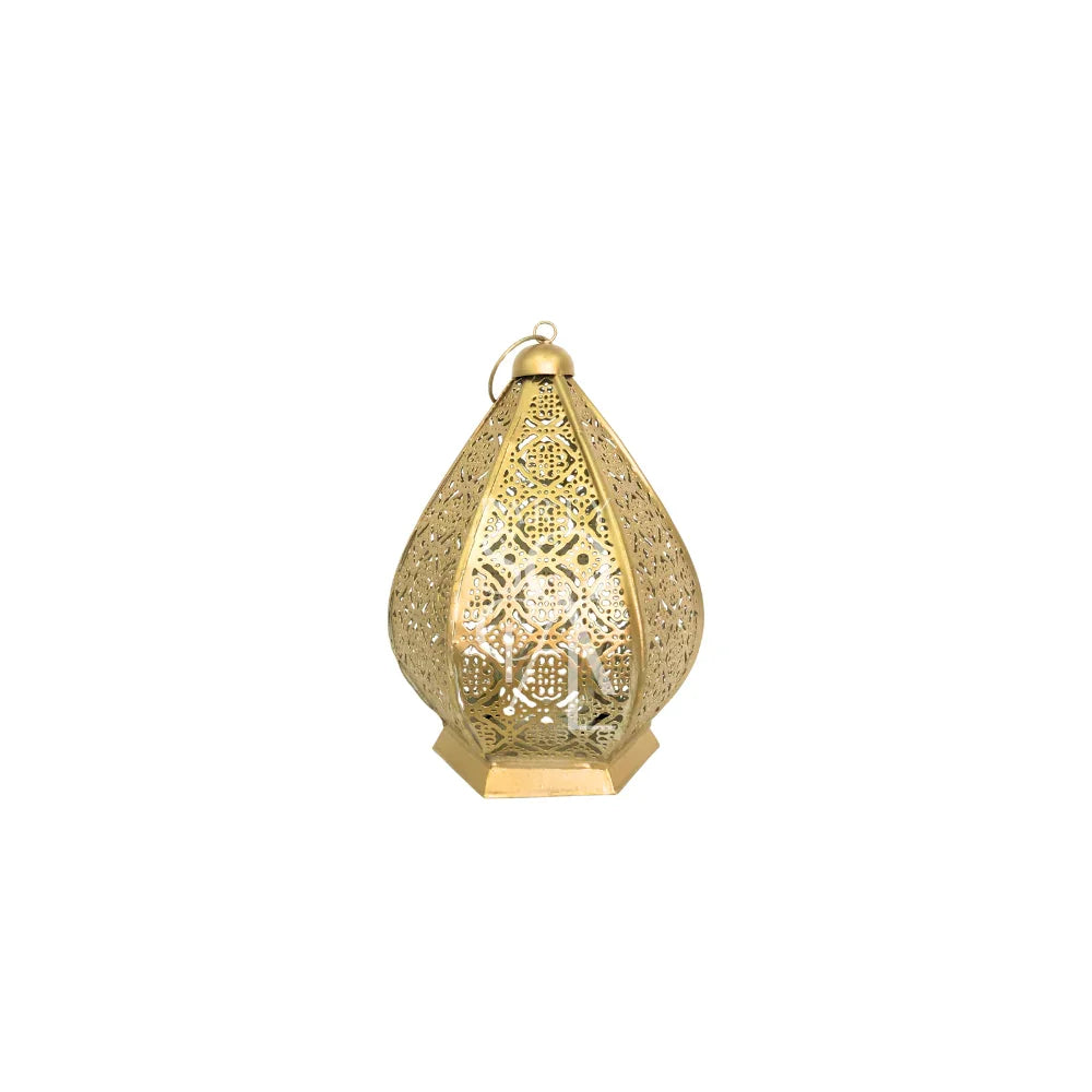 Gold Oriental Lanterns with intricate filigree patterns in a teardrop shape, ideal for adding warmth and elegance to Moroccan-themed events or gatherings.