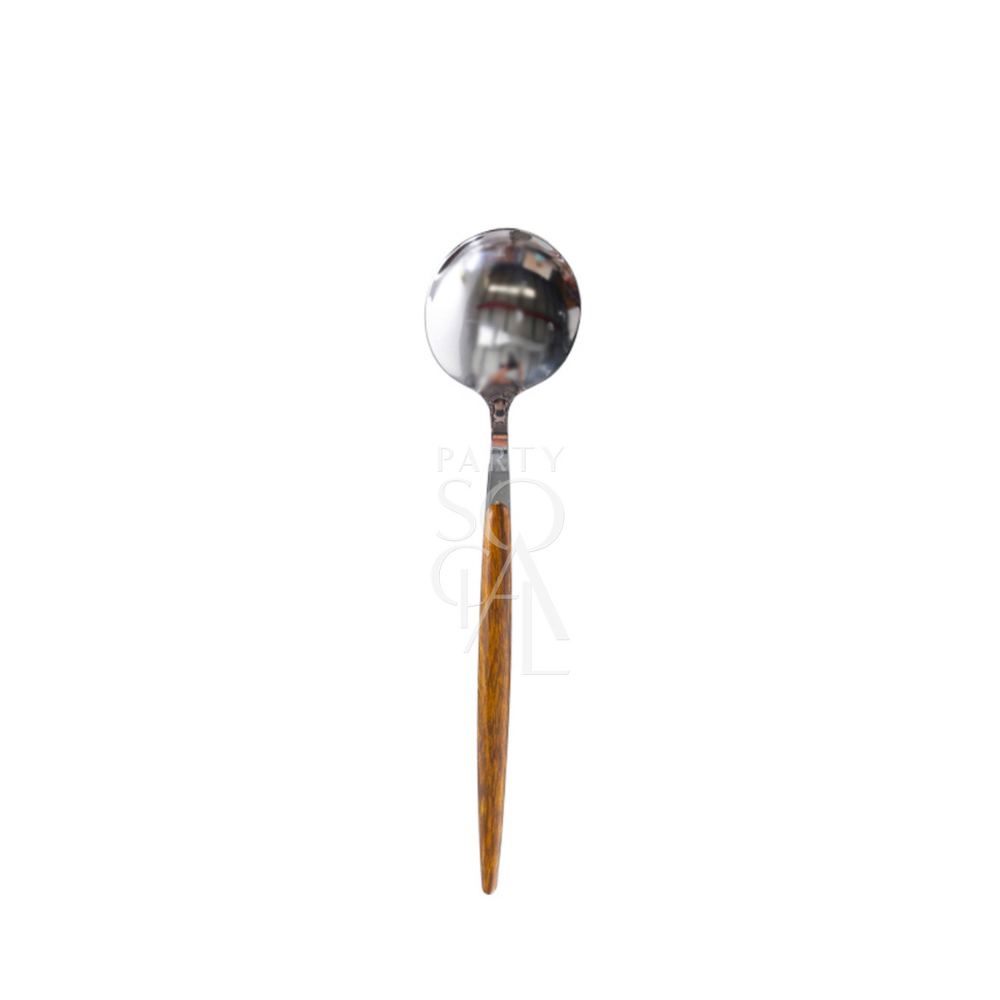 CUTLERY WOODEN SILVER features a close-up of a spoon with a wooden handle and a knife, perfect for adding elegance to your event table setting.
