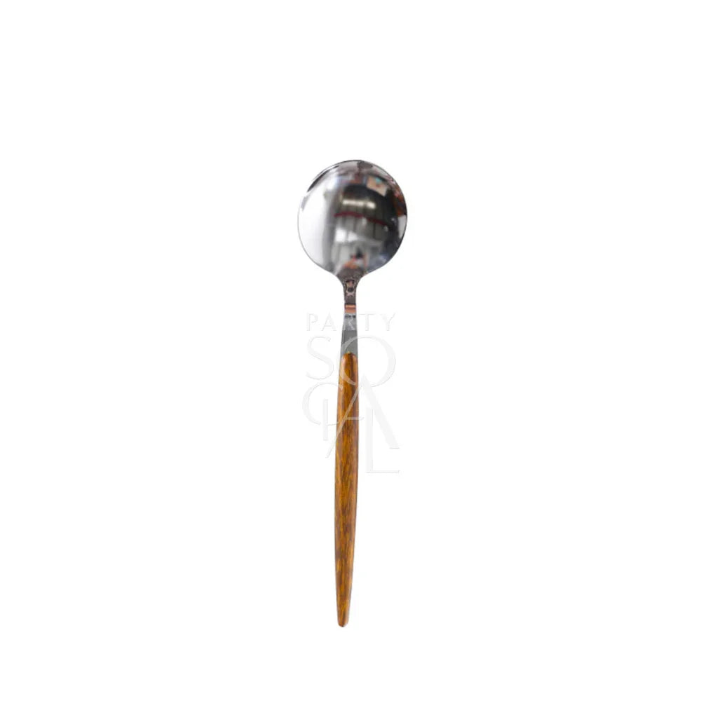 CUTLERY WOODEN SILVER features a close-up of a spoon with a wooden handle and a knife, perfect for adding elegance to your event table setting.