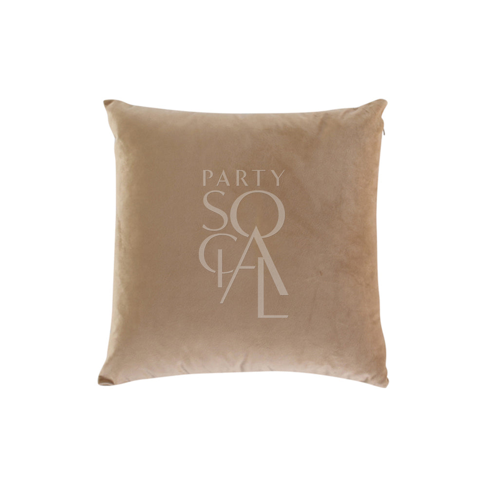 Velvet cushion cover featuring a logo design, highlighting its premium fabric and stylish appeal, from Party Social&