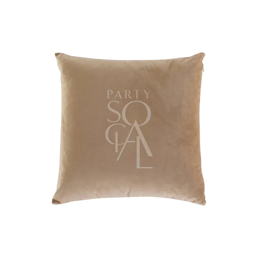 Velvet cushion cover featuring a logo design, highlighting its premium fabric and stylish appeal, from Party Social&