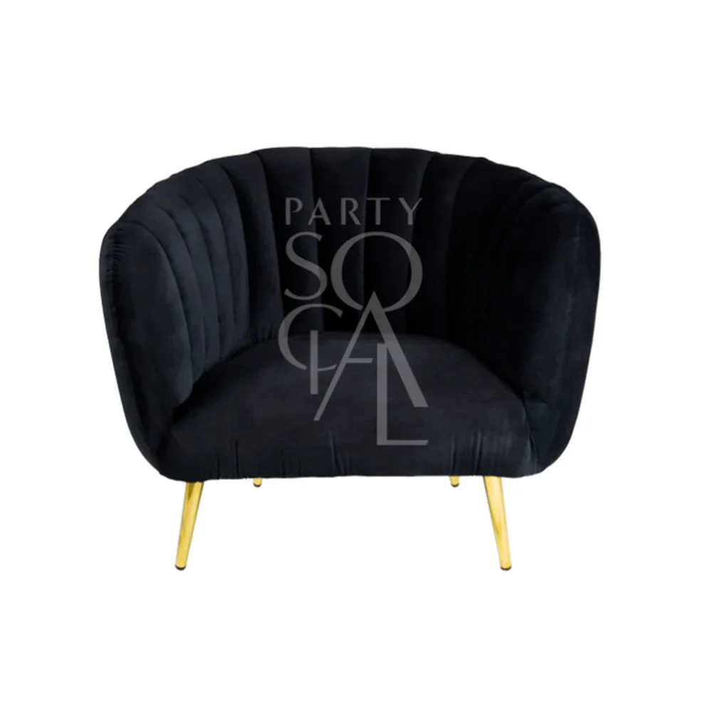 BLACK VELVET SINGLE SEATER with gold legs, featuring modern velvet fabric, ideal for lounge seating. Perfect for events by Party Social.